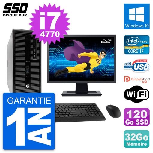 HP EliteDesk 800 G1 Desktop PC - 22" Screen, i7-4770, 32GB RAM, 120GB SSD, Windows 10, WiFi