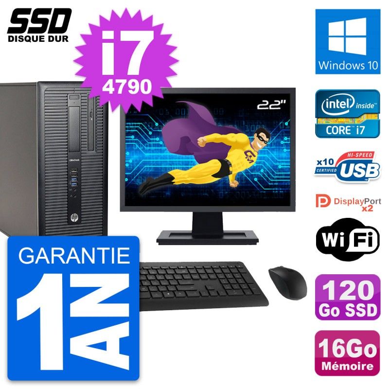 HP EliteDesk 800 G1 Desktop PC - 22" Screen, i7-4790, 16GB RAM, 120GB SSD, Windows 10, WiFi