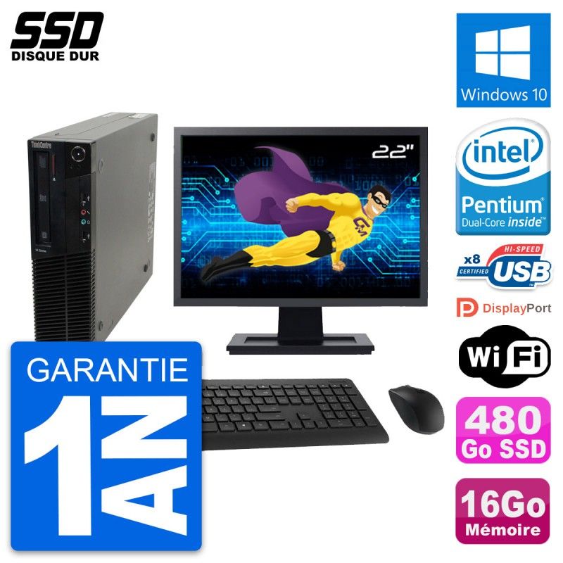 Lenovo M82 SFF PC - 22" Screen, Intel G630, 16GB RAM, 480GB SSD, Windows 10, WiFi