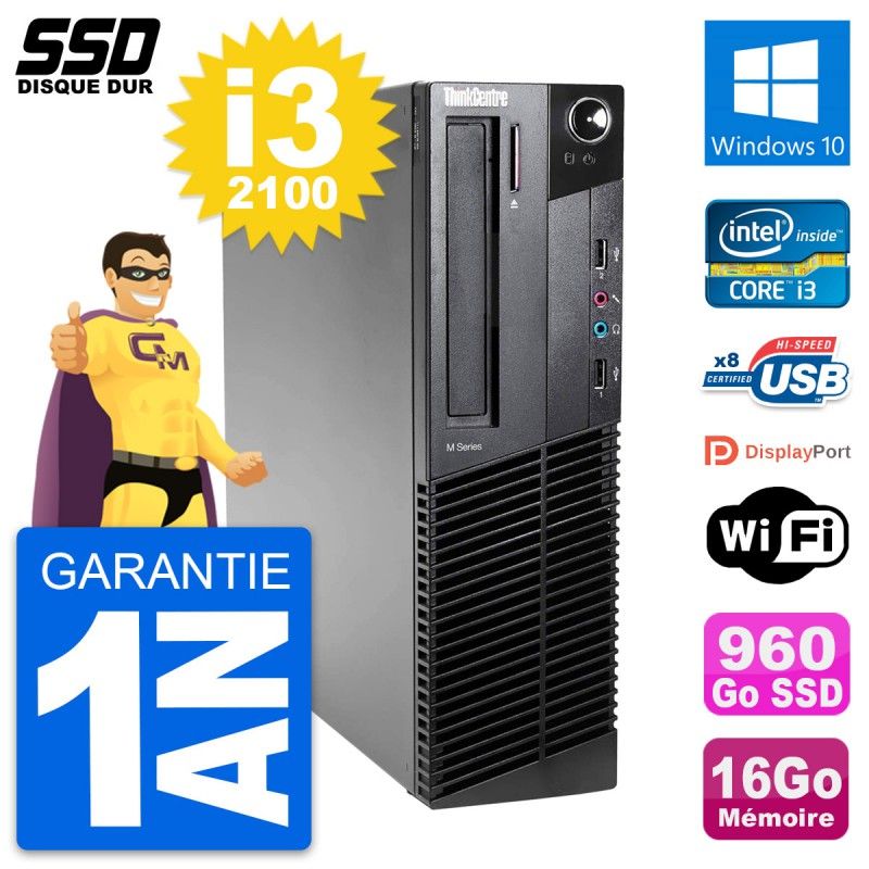 Lenovo ThinkCentre M82 SFF Computer - Intel i3-2100, 16GB RAM, 960GB SSD, Windows 10, WiFi