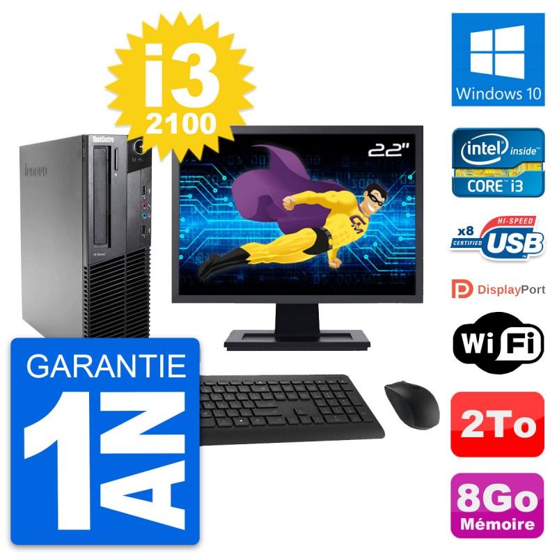 Lenovo M82 SFF Desktop Computer, 22" Screen, Intel i3-2100, 8GB RAM, 2TB HDD, Windows 10, WiFi
