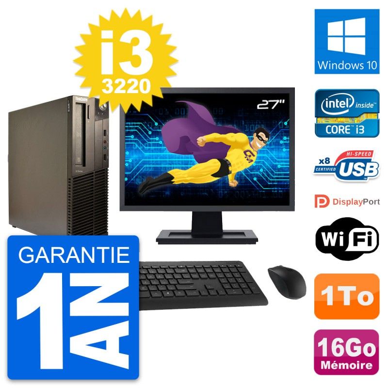 Lenovo M82 SFF Computer - 27" Screen, Intel i3-3220, 16GB RAM, 1TB HDD, Windows 10, WiFi