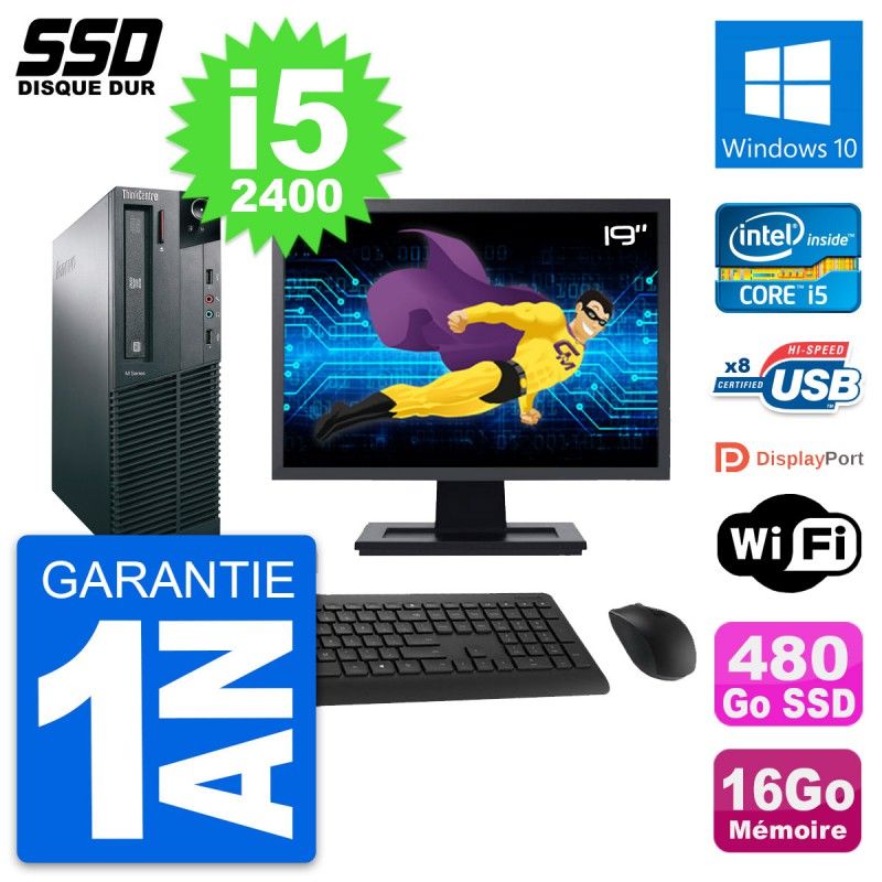 Lenovo M82 SFF Desktop Computer - 19" Screen, Intel i5-2400, 16GB RAM, 480GB SSD, Windows 10, WiFi