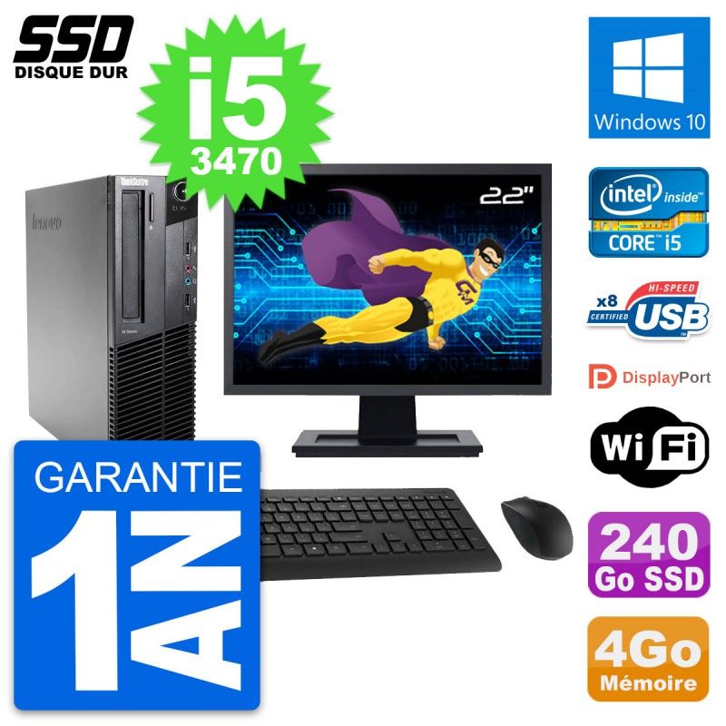 Lenovo M82 SFF Desktop Computer - 22" Screen, Intel Core i5-3470, 4GB RAM, 240GB SSD, Windows 10, WiFi