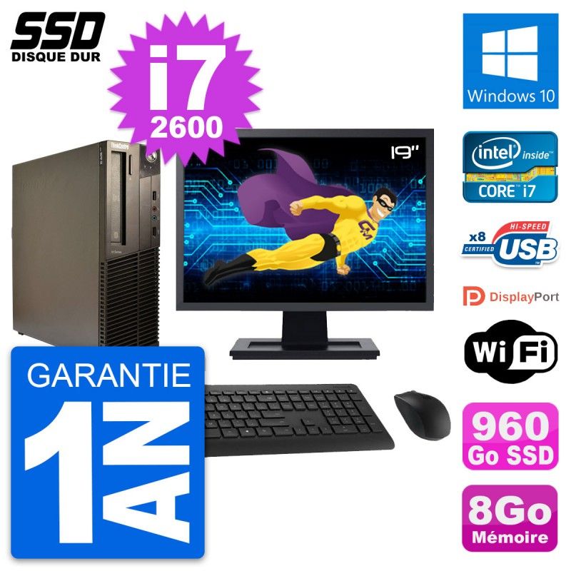 Lenovo M82 SFF Desktop Computer - 19" Screen, Intel Core i7-2600, 8GB RAM, 960GB SSD, Windows 10, WiFi