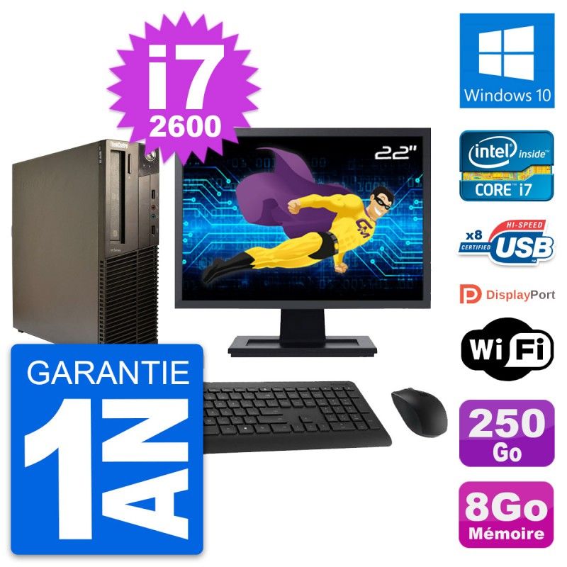 Lenovo M82 SFF Desktop Computer - 22" Screen, Intel i7-2600, 8GB RAM, 250GB HDD, Windows 10, WiFi