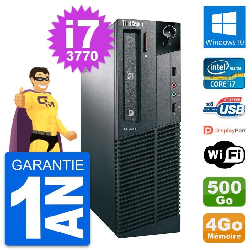 PC de escritorio Lenovo ThinkCentre M82 SFF - Procesador Intel i7-3770, 4GB de RAM, Disco duro de 500GB, Windows 10, WiFi