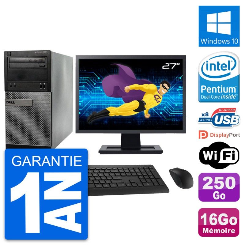 Dell OptiPlex 3020 Desktop Computer, 27" Screen, Intel Pentium G3220, 16GB RAM, 250GB HDD, Windows 10, WiFi