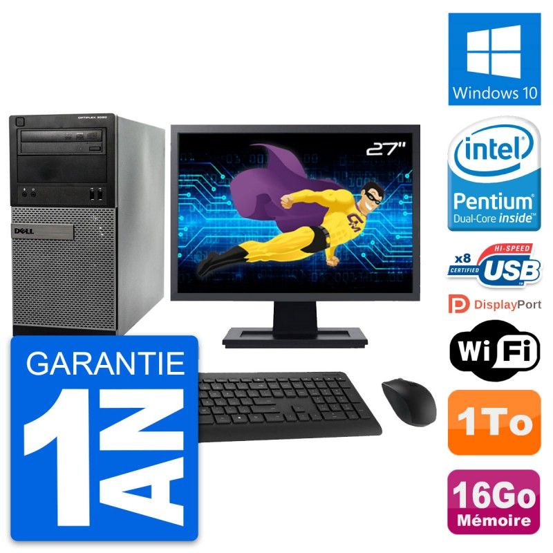 Dell OptiPlex 3020 Desktop Computer, 27" Screen, Intel Pentium G3220, 16GB RAM, 1TB HDD, Windows 10, WiFi