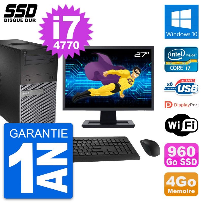 Dell OptiPlex 3020 Desktop PC - 27" Screen, Intel Core i7-4770, 4GB RAM, 960GB SSD, Windows 10, WiFi