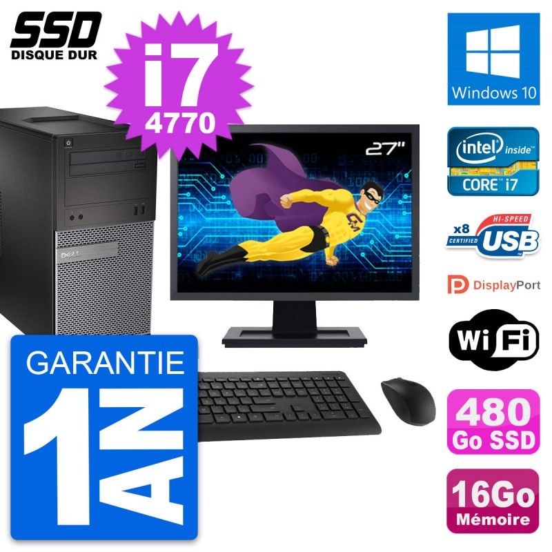 Dell OptiPlex 3020 Desktop Computer, 27" Screen, Intel i7-4770, 16GB RAM, 480GB SSD, Windows 10, WiFi