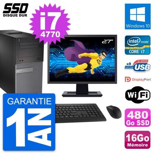 Dell OptiPlex 3020 Desktop Computer, 27" Screen, Intel i7-4770, 16GB RAM, 480GB SSD, Windows 10, WiFi