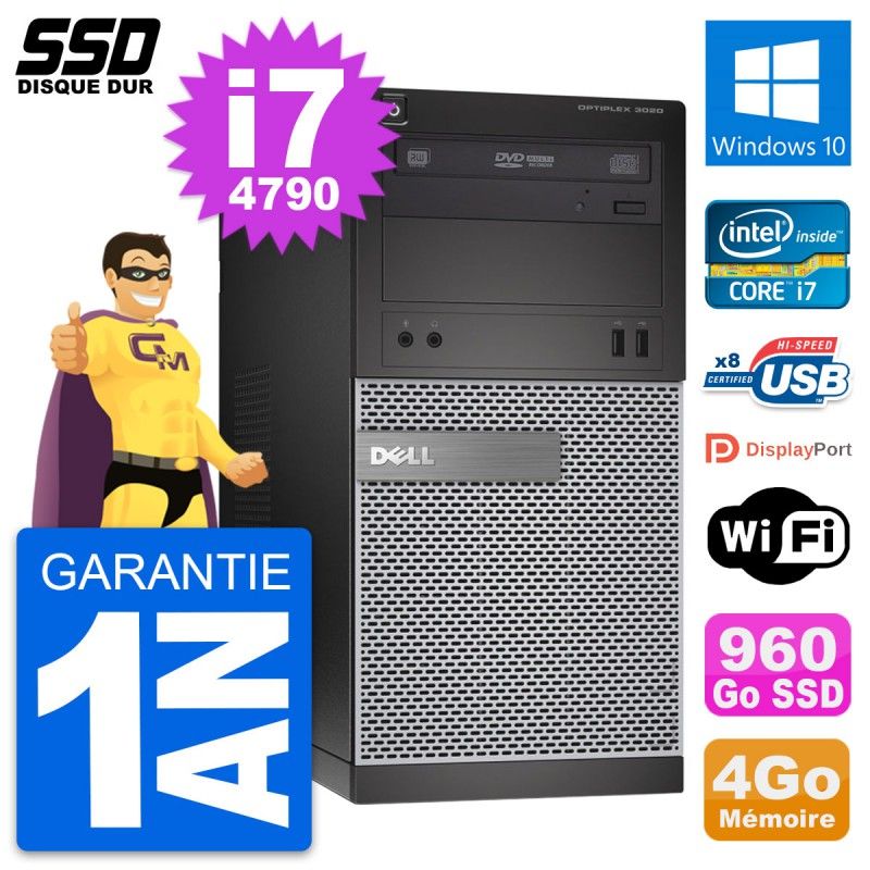 Dell OptiPlex 3020 Desktop PC - Intel Core i7-4790, 4GB RAM, 960GB SSD, Windows 10, WiFi