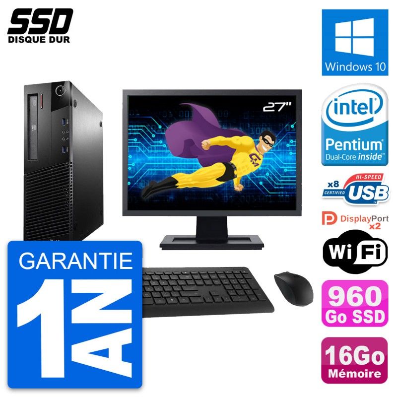 Lenovo M93p SFF Desktop Computer, 27" Screen, Intel G3220, 16GB RAM, 960GB SSD, Windows 10, WiFi