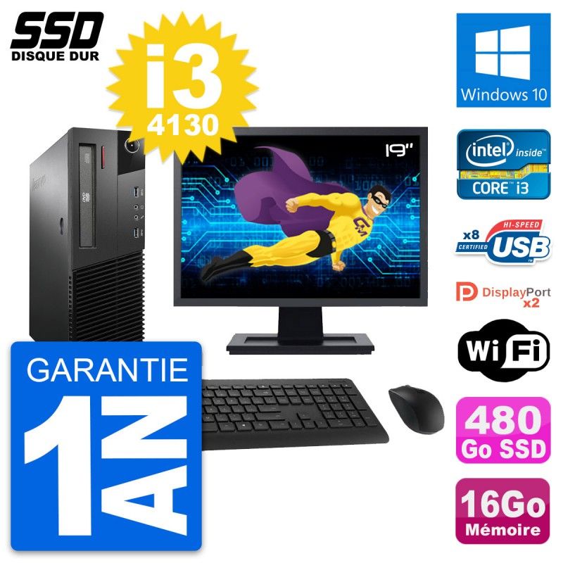 Lenovo M93p SFF Desktop Computer, 19" Screen, Intel i3-4130, 16GB RAM, 480GB SSD, Windows 10, WiFi