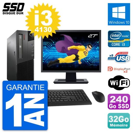 Ordinateur de bureau Lenovo M93p SFF, écran 27'', processeur Intel Core i3-4130, 32 Go RAM, 240 Go SSD, Windows 10, Wi-Fi