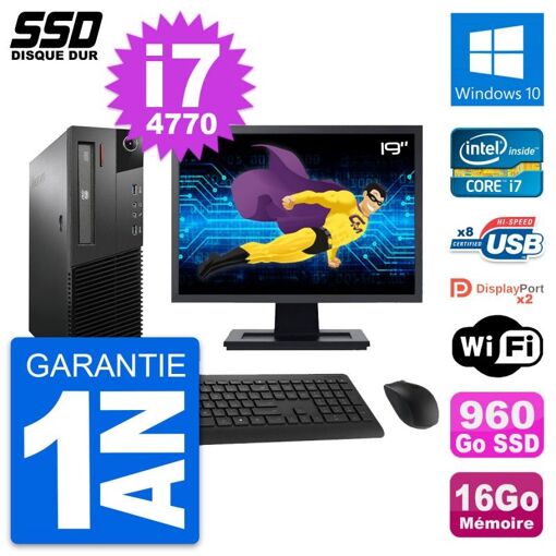 Lenovo M93p SFF Desktop Computer, 19" Screen, Intel i7-4770, 16GB RAM, 960GB SSD, Windows 10, WiFi