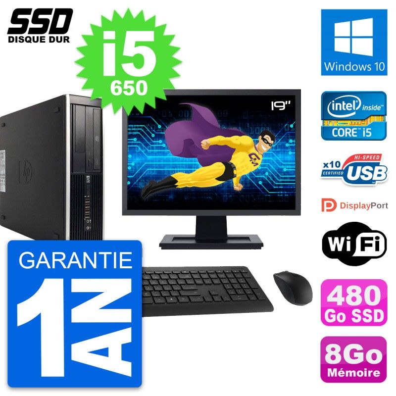 HP 8100 SFF Desktop Computer, 19" Screen, Intel Core i5-650, 8GB RAM, 480GB SSD, Windows 10, WiFi