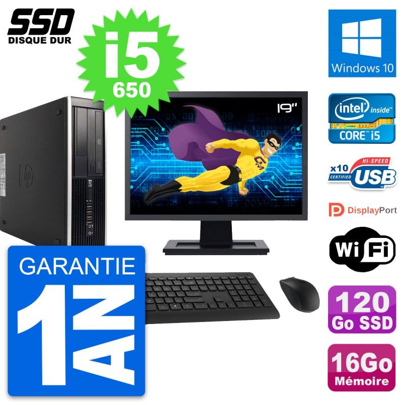 HP 8100 SFF Desktop Computer - 19" Screen, Intel Core i5-650, 16GB RAM, 120GB SSD, Windows 10, WiFi