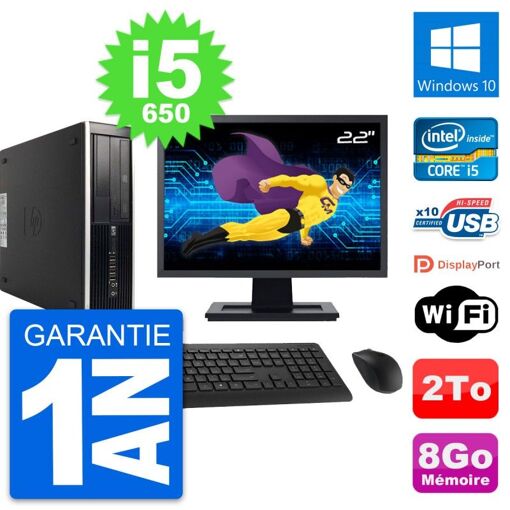 HP 8100 SFF Desktop Computer, 22" Screen, Intel Core i5-650, 8GB RAM, 2TB HDD, Windows 10, Wifi