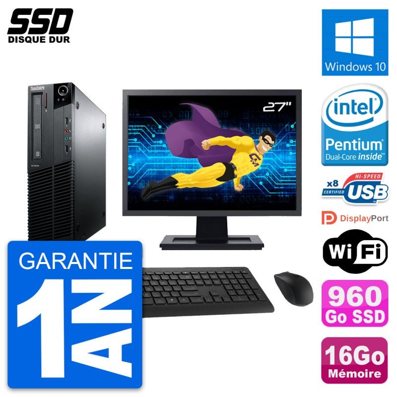 Lenovo M81 SFF Desktop Computer - 27" Screen, Intel Pentium G630, 16GB RAM, 960GB SSD, Windows 10, WiFi