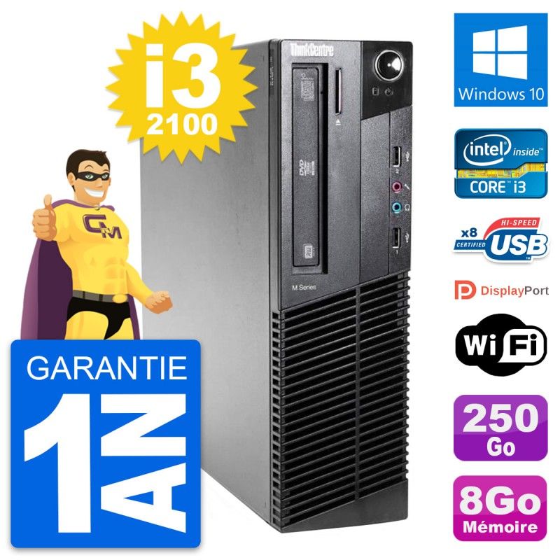 PC de escritorio Lenovo ThinkCentre M81 SFF - Procesador Intel Core i3-2100, 8 GB de RAM, disco duro de 250 GB, Windows 10, WiFi