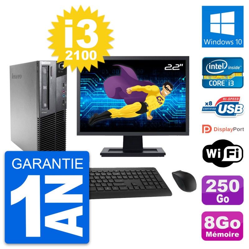 Computadora Lenovo M81 SFF - Pantalla de 22", Procesador Intel i3-2100, 8 GB de RAM, Disco duro de 250 GB, Windows 10, Wifi