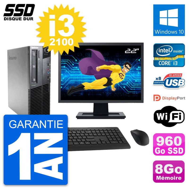 PC de escritorio Lenovo M81 SFF - Pantalla de 22'', Procesador Intel Core i3-2100, 8 GB de RAM, 960 GB SSD, Windows 10, WiFi