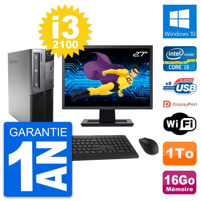 Computadora de escritorio Lenovo M81 SFF - Pantalla de 27'', Intel i3-2100, 16GB de RAM, 1TB HDD, Windows 10, WiFi