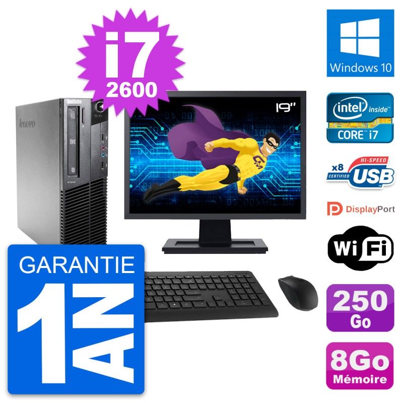 Lenovo M81 SFF Desktop Computer, 19" Screen, Intel i7-2600, 8GB RAM, 250GB HDD, Windows 10, WiFi