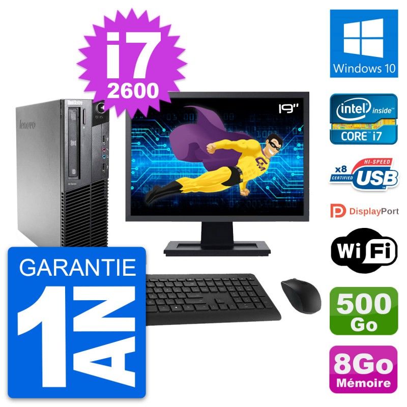 Lenovo M81 SFF Desktop Computer - 19" Screen, Intel i7-2600, 8GB RAM, 500GB HDD, Windows 10, WiFi