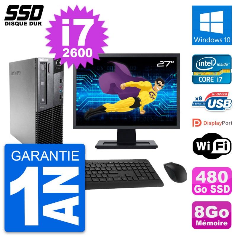 Lenovo M81 SFF PC - 27" Screen, Intel Core i7-2600, 8GB RAM, 480GB SSD, Windows 10, WiFi