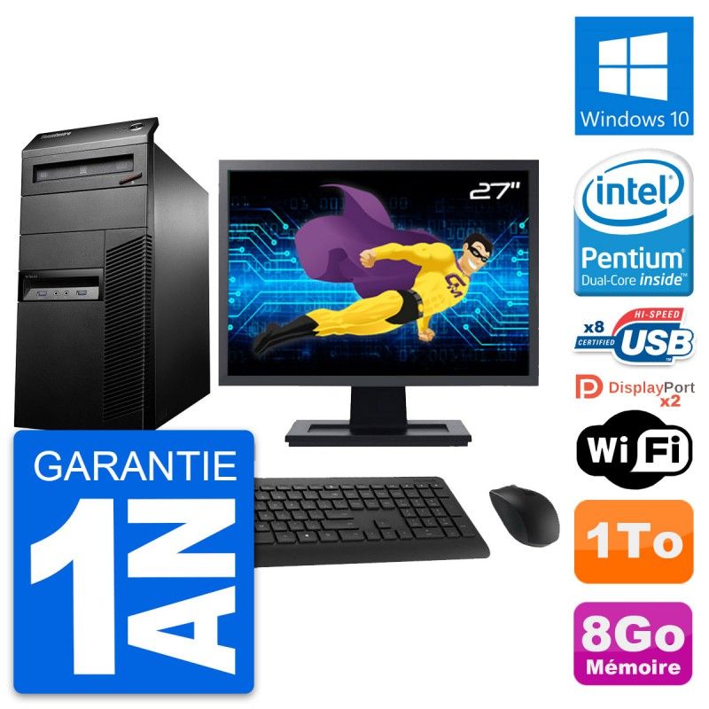 Lenovo M93p Mid Tower PC, 27" Screen, Intel G3220, 8GB RAM, 1TB HDD, Windows 10, WiFi