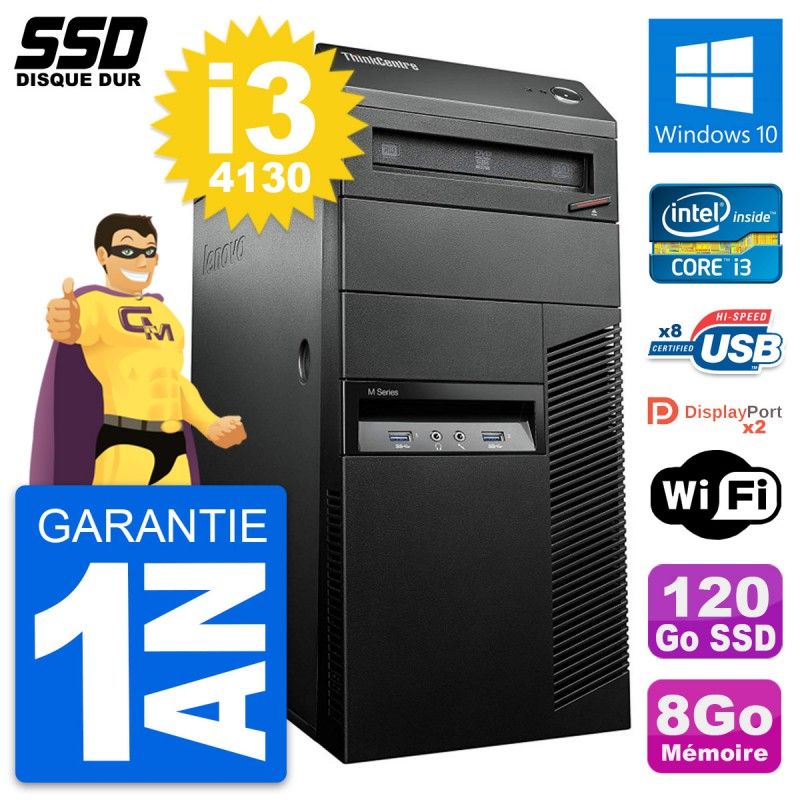 Ordinateur de bureau Lenovo ThinkCentre M93p - Intel Core i3-4130, 8 Go de RAM, SSD 120 Go, Windows 10, Wi-Fi