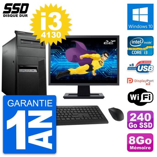 Lenovo M93p Mid Tower PC - 22" Screen, Intel i3-4130, 8GB RAM, 240GB SSD, Windows 10, WiFi