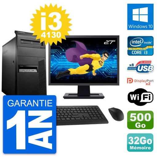 Lenovo M93p Mid Tower PC with 27" Screen, Core i3-4130, 32GB RAM, 500GB HDD, WiFi