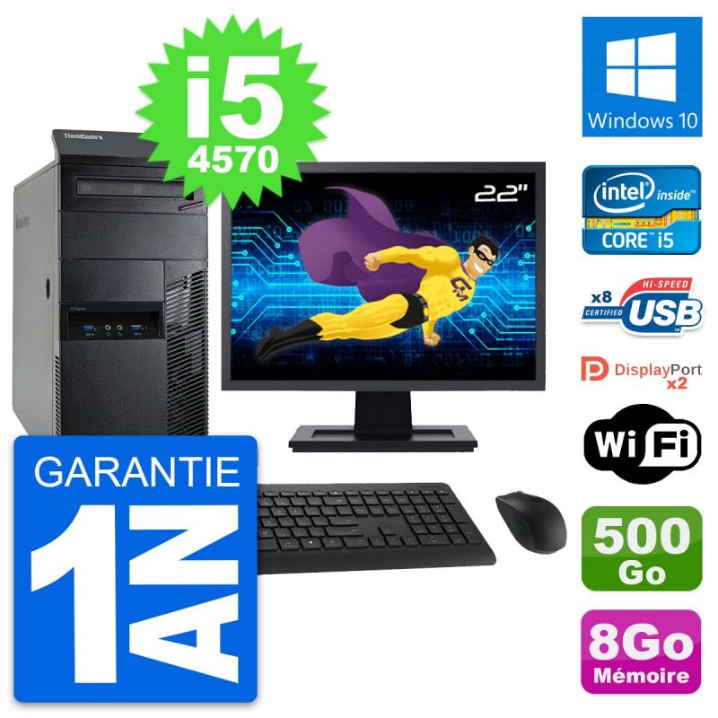Lenovo M93p Mid Tower PC with 22" Screen, Intel i5-4570, 8GB RAM, 500GB HDD, Windows 10, WiFi