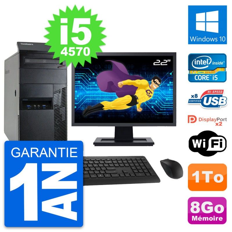 Lenovo M93p Mid Tower PC - 22" Screen, Intel i5-4570, 8GB RAM, 1TB HDD, Windows 10, WiFi