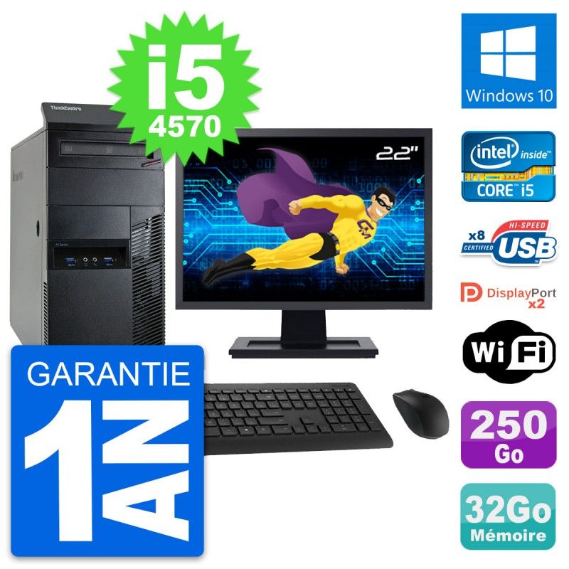 Lenovo M93p Mid Tower PC - 22" Screen, Core i5-4570, 32GB RAM, 250GB SSD, Windows 10, WiFi