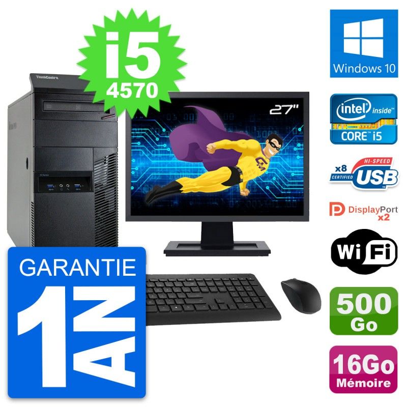 Lenovo M93p Mid Tower PC with 27" Screen, Core i5-4570, 16GB RAM, 500GB HDD, Windows 10, WiFi