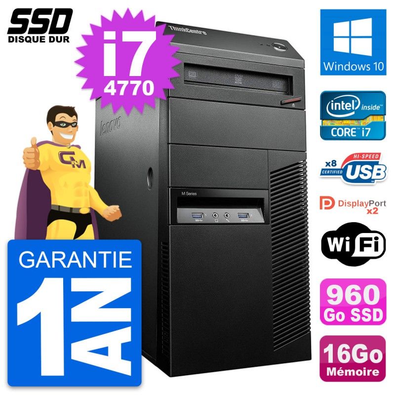 Lenovo ThinkCentre M93p Desktop PC - Intel i7-4770, 16GB RAM, 960GB SSD, Windows 10, WiFi