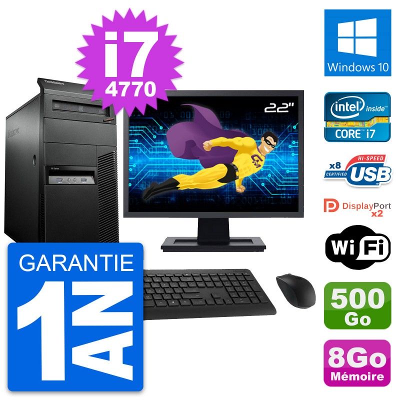Lenovo M93p Mid Tower PC, 22" Screen, Intel i7-4770, 8GB RAM, 500GB HDD, Windows 10, WiFi