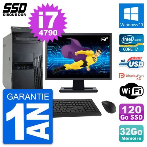 PC de escritorio Lenovo M93p - Pantalla de 19 pulgadas, Intel i7-4790, 32GB de RAM, 120GB SSD, Windows 10, WiFi