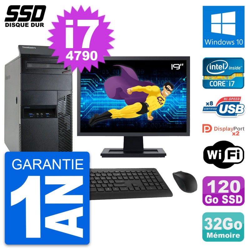Lenovo M93p Desktop PC - 19inch Screen, Intel i7-4790, 32GB RAM, 120GB SSD, Windows 10, WiFi