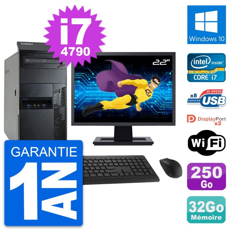 Lenovo M93p Desktop Computer, 22" Screen, Core i7-4790, 32GB RAM, 250GB HDD, Windows 10, WiFi