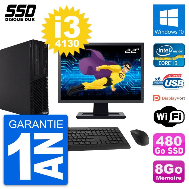 Lenovo M73 SFF 22" Screen, Intel i3-4130, 8GB RAM, 480GB SSD, Windows 10, WiFi