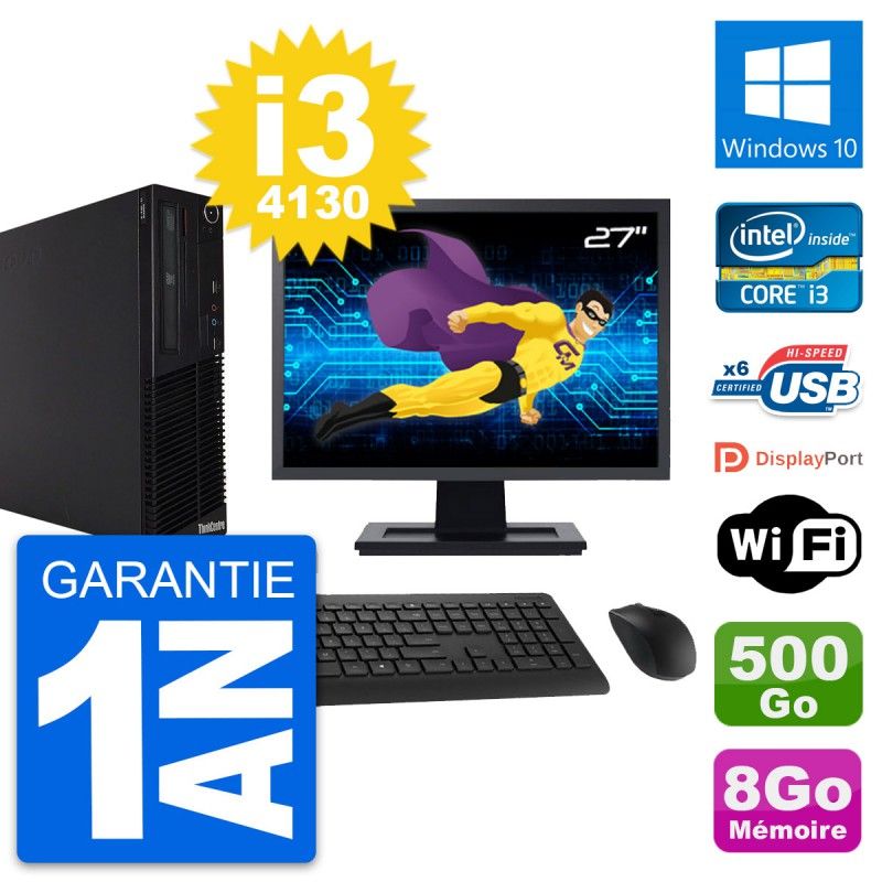 Lenovo M73 SFF Desktop Computer, 27" Screen, Intel i3-4130, 8GB RAM, 500GB HDD, Windows 10, WiFi