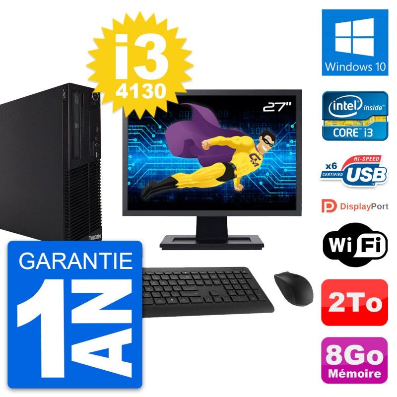 Lenovo M73 SFF Desktop Computer, 27" Screen, Intel i3-4130, 8GB RAM, 2TB HDD, Windows 10, WiFi