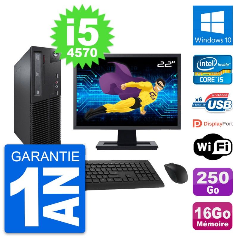 Lenovo M73 SFF Desktop Computer, 22" Screen, Intel i5-4570, 16GB RAM, 250GB SSD, Windows 10, Wifi