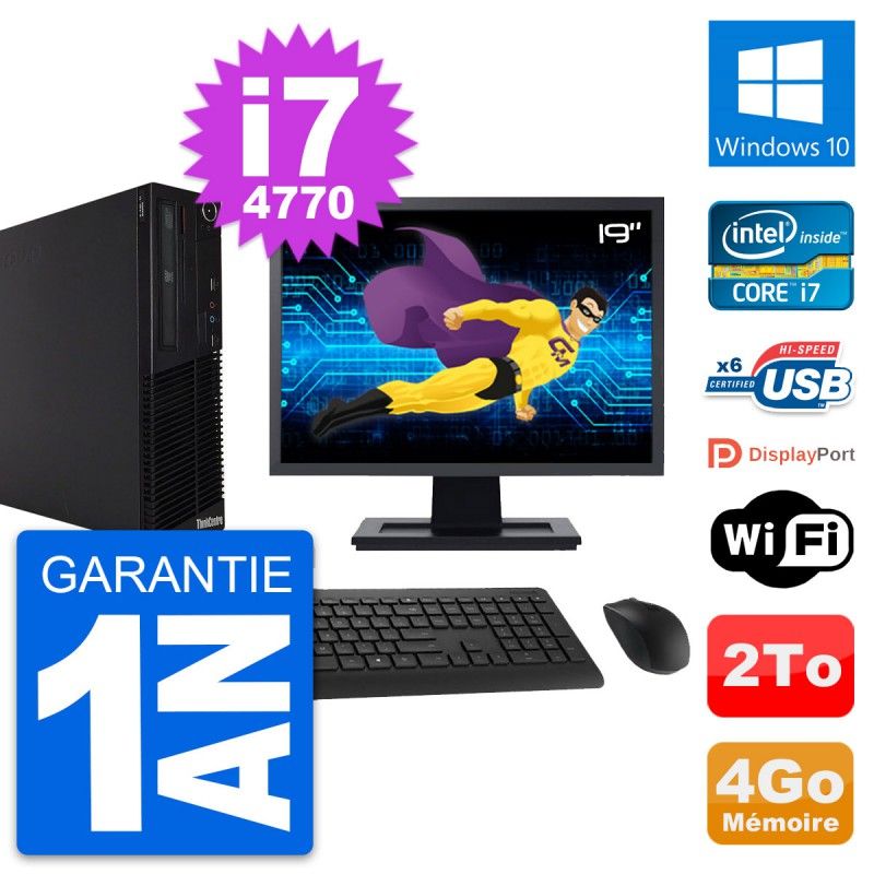 Lenovo M73 SFF Desktop Computer - 19" Screen, Intel i7-4770, 4GB RAM, 2TB HDD, Windows 10, WiFi